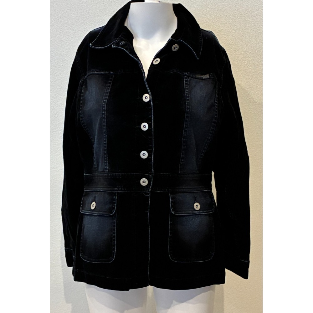 Y2K Liz Claiborne Mixed‎ Media Black Faux Suede Jean Jacket Womens Sz PS Classic